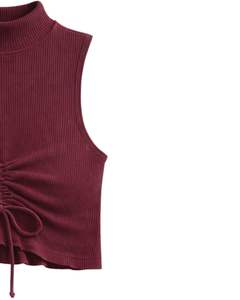 Top Corto Personalizado Color Vino Tinto, Cuello Alto Acanalado, Sin Mangas, con Cordón Ajustable, Fruncido en la Parte Delantera, Corte Ajustado, Informal para Mujer - Product Image 3
