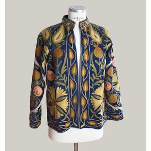 Floral <b>Navy</b> Embroidered Floral Velvet Suzani Jacket Women's Stand Collar Full Sleeve Bohemian Autumn Outerwear - Product Image 3