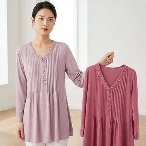 ชุดเดรสลำลองผ้าฝ้ายจีบสีพื้นคอวีแขนยาวสำหรับผู้หญิงสำหรับทุกฤดูกาล - Product Image 2