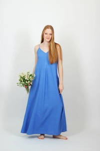 Nouvelle arrivée, robe maxi en coton bleu, silhouette en A, col en V, sans manches, robe de demoiselle d'honneur d'été avec poches - Product Image 2