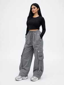 Pantalones Cargo Casuales Transpirables para Mujer, Cintura Alta, Color Gris, Pierna Ancha, Cordón Ajustable, Estilo Hip Hop Urbano con Bolsillos - Product Image 6