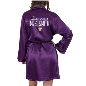 Personalized Luxurious Pink <b>Satin</b> Bridesmaid <b>Robe</b> Short Sleeve Mandarin Collar Knee Length Heat Transfer Printing Back Women's - Product Image 3