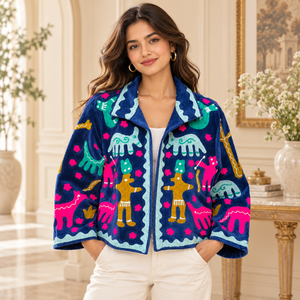 Chaqueta de terciopelo azul índigo con bordado Suzani y motivos de arte folclórico coloridos | Prenda Exterior Bohemia de Frente Abierto con Cuello Decorativo - Product Image 2