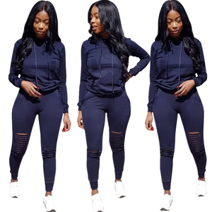 Ensemble de survêtement pour femme, sweat-shirt à capuche bleu marine, manches longues, couleur unie, style sportif, leggings déchirés, coupe ajustée, toutes saisons - Product Image 1