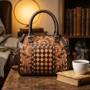 Vintage Women's <b>Handbag</b> Genuine Leather Bags Shoulder Bags Checkered Pattern Leather <b>Handbags</b> for Women - Product Image 4