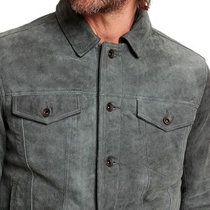 Men's <b>Suede</b> Leather <b>Jacket</b> Moto <b>Biker</b> Style Stand Collar Zipper Closure Solid Color Autumn Wear Regular Fit Slim Type - Product Image 2