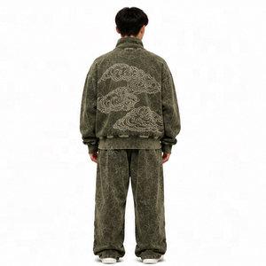 Survêtement tendance pour homme, vert olive, imprimé, durable, col montant zippé, coupe ample, décontracté, avec poches latérales - Product Image 6