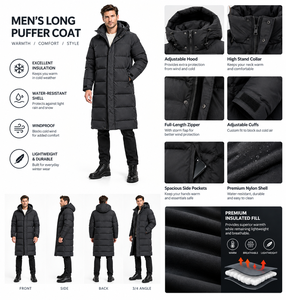 Veste d'hiver pour homme, longue, à capuche, rembourrée en polyester, imperméable, coupe-vent, noire unie, fermeture éclair décontractée - Product Image 4
