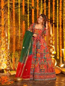 Lehenga Choli Rojo con Estampado Digital, Vestido Tradicional Indio Pakistaní para Mujer con Dupatta, para Bodas y Fiestas - Product Image 4