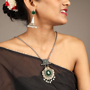 Ensemble collier et boucles d'oreilles en laiton onyx argenté oxydé bicolore |   Bijoux ethniques indiens bohèmes pour fiançailles et mariage - Product Image 4