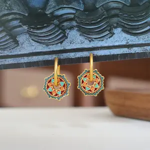 New Chinese style fashion retro colorful earrings light luxury simple antique style stainless steel enamel earrings