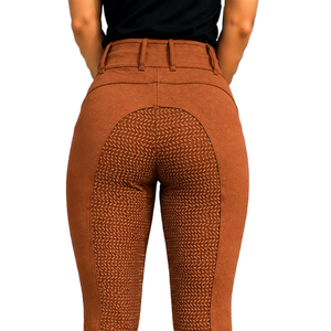 Leggings d'équitation taille haute pour femme, couleur orange rouille, extensibles, avec poche avant, texture équestre - Product Image 5