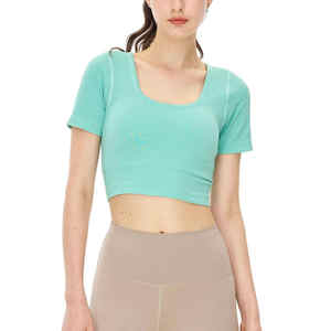 Top Deportivo de Yoga Transpirable para Mujer, Venta al Por Mayor, Personalizado, Textura Arrugada, Corte Ajustado, Manga Corta, Cuello Cuadrado, Ropa de Entrenamiento - Product Image 5