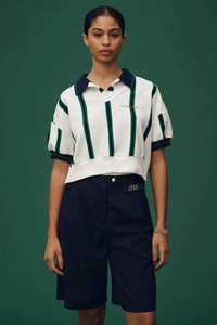 <b>Striped</b> <b>Polo</b> <b>Shirt</b> White Green Color Blocked Navy Collar Short Sleeve Sporty Top - Product Image 4