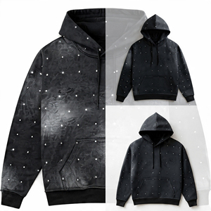 Sweat à capuche unisexe épais noir délavé avec strass, finition délavée, épaules tombantes, poche kangourou, style streetwear - Product Image 5