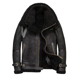 Chaqueta de Cuero Negra para Hombre, Estilo Motero, con Cuello de Piel Sintética, Abrigo de Invierno B3, Piel de Oveja Genuina, con Cinturón, Forro Polar Cálido - Product Image 1
