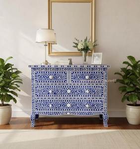 Commode de luxe à 6 tiroirs, design artisanal avec incrustations en os, table de toilette motif incrustations en os, gris - Product Image 1