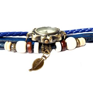 Belle montre à anneau pour femme en cuir faite à la main, style bohème rétro, design feuille d'arbre bleue - Product Image 4