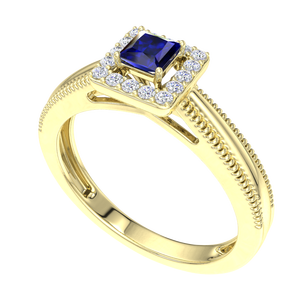 Bague de fiançailles et de mariage vintage en argent sterling 925 plaqué or avec saphir bleu taille princesse et halo de zircone cubique, style Milgrain, pour femme - Product Image 4