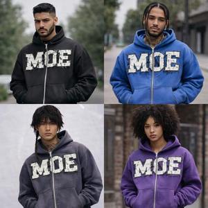 Sweat à capuche zippé en molleton bouclette français, effet délavé et vieilli, avec broderie de patch logo effet spray arc-en-ciel personnalisé, fournisseur OEM - Product Image 3