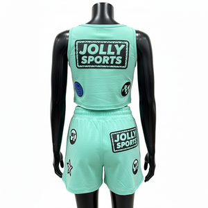 Conjunto Deportivo para Mujer, Top Corto y Pantalones Cortos de Algodón y Poliéster Transpirable, Color Verde, con Parche de Logotipo Personalizado en Chenilla, 100% Algodón - Product Image 2