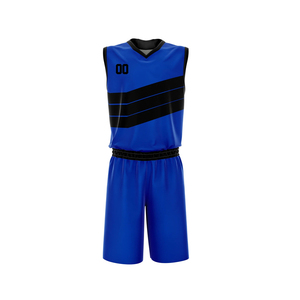 Ensemble de maillots de basket personnalisés en polyester/coton sublimé, bleu et noir rayé, col en V, sans manches, taille élastique, évacuation de l'humidité - Product Image 1