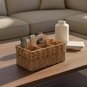 Handwoven <b>Remote</b> Control <b>Holder</b> Compartment Desktop Storage Caddy With Wooden Handle Suitable for Living Room & Office Decor - Product Image 6