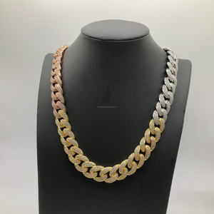 Chaîne cubaine entièrement sertie pour homme, bijoux hip-hop 3 tons, collier de luxe en argent sterling 925 avec diamants Moissanite - Product Image 1