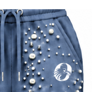 กางเกงจ็อกเกอร์สีน้ำเงินเดนิมประดับมุกสำหรับผู้หญิง แฟชั่นกางเกงวอร์มแต่งเชือกผูกเอว สไตล์ลำลองหรูหรา สตรีทแวร์ กางเกงขายาวผ้าฟลีซ - Product Image 6