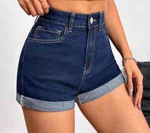 Shorts de Mezclilla Oscuros de Cintura Alta para Mujer con Dobladillo Reforzado, Estilo Casual de Verano - Product Image 3