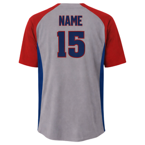 Camiseta de béisbol personalizada en rojo y gris con nombre del equipo, detalles personalizados del jugador y producción rápida - Product Image 3