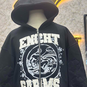 Fresh Material Trending Design Zipper Distressed Hoodie <b>Rhinestone</b> Zip up <b>Jacket</b> Acid Wash Men Fleece Streetwear Hoodie - Product Image 2