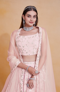 Light Pink Zari Sequence Embroidered Lehenga Choli Set Unstitched Blouse Soft <b>Net</b> <b>Dupatta</b> Wedding Party Wear - Product Image 4