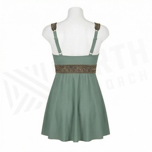 Women's Green Swimdress With Checkered Contrast Binding <b>Crossed</b> Halter Neckline And Skirt Bottom - Product Image 2