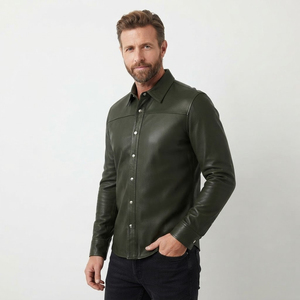 Camisa de Cuero Genuino para Hombre, Color Verde Oliva, Cuero Vacuno, Cuello Alto, Botones, Manga Larga, Estilo Casual, Venta al Por Mayor - Product Image 1