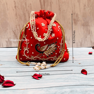 Sacs Potli faits main de haute qualité, ethniques, avec travail Zari et décorations Moti Mala en forme de paon, nouvelle collection, pour cadeaux de mariage - Product Image 4
