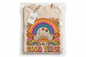 Camiseta unisex vintage de manga corta con cuello redondo, 100% algodón, suave, estilo retro, arcoíris, Good Vibes, para verano - Product Image 6