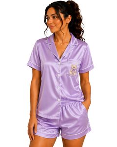 Conjunto de Pijama de Satén Lavanda para Mujer, Ropa de Dormir Suave de Seda con Botones y Manga Corta, Estilo Teddy Bear - Product Image 1