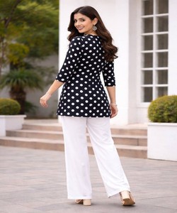 Ensemble haut et pantalon palazzo en rayonne à imprimé numérique fantaisie, à pois noirs, pour usage quotidien, vêtement ethnique, prix de gros - Product Image 4