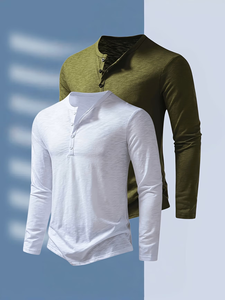 Men's Short Sleeve V-neck Henley T-Shirt Solid Color Knitted Slim Fit Casual Breathable 100% Cotton White Olive Green Button-Up - Product Image 4