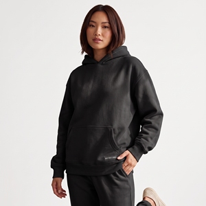 custom womens washed black pullover hoodie front pouch pocket plain blank heavyweight fleece drop shoulder relaxed fit <b>tops</b> - Product Image 1