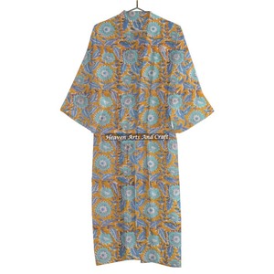Hermoso bloque de mano impreso algodón orgánico Maxi Kimono vestido tamaño libre primavera Otoño Verano invierno bata de baño ropa de dormir - Product Image 5