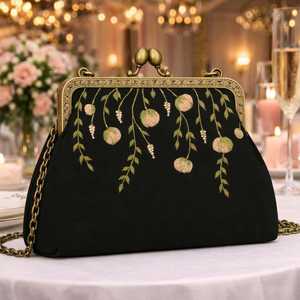 Black Embroidered Clutch Bag With Gold Chainand jewelry bag Closure Envelope Shape <b>Hinged</b> Perfectly Design packaging - Product Image 6