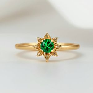 Bague de mariage et de fête en or massif 10K plaqué rhodium, motif floral émeraude, design classique léger et luxueux, bijoux fins OEM/ODM - Product Image 6