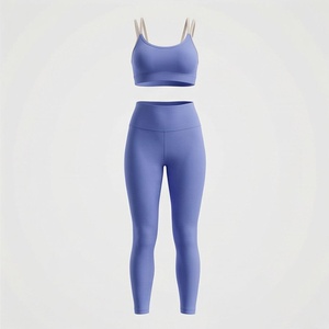 Conjunto de yoga sin costuras para mujer, 2 piezas, top corto con cuello redondo y tirantes finos, leggings de cintura alta y largo completo - Product Image 1