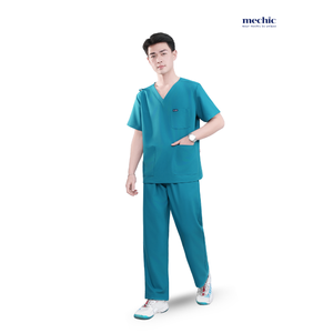 Ensemble de blouses médicales pour hommes Mechanic, couleur turquoise, col en V, manches courtes, uniforme d'hôpital, pantalon en coton et polyester tissé inclus - Product Image 3