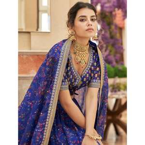 Belle tenue de réception en organza imprimé numérique bleu Lehenga Choli - Product Image 4