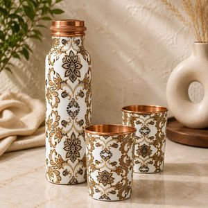 Floral Pattern Copper Water <b>Bottle</b> with 2 Glasses Reusable <b>Vintage</b> Design Portable Drinkware Set for Home Office & Outdoor Use - Product Image 1