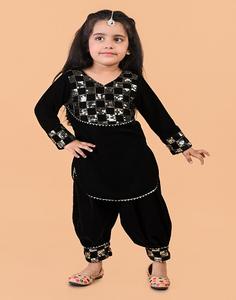 Conjunto de kurti de terciopelo de manga larga y salwar afgano - Negro - Product Image 2