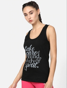 Débardeur en coton noir pour femme avec imprimé « Take Care Of Mind Body & Spirit », col rond, style décontracté - Product Image 1